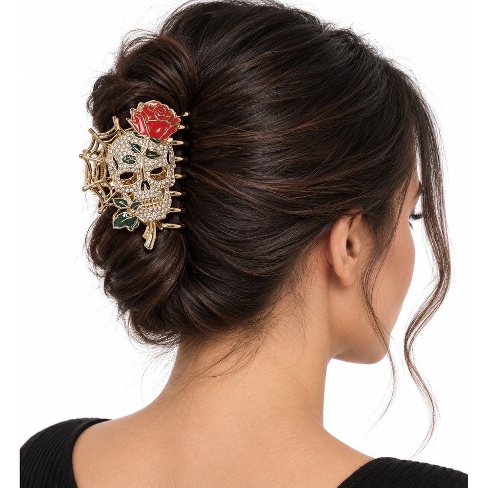 Nicole Miller Rhinestone Sugar Skull Hair Claw Clip Rose Spiderweb Gold 110-79